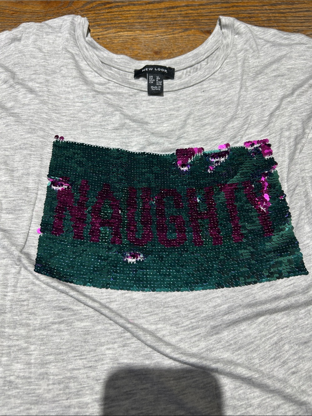 New Look Gray Short Sleeve Nice/Naughty with Reversible Sequin Patch